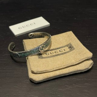Gucci GG Engraved Vintage Open Cuff Silver Bangle