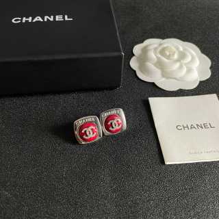 CHANEL Ruby Accent CC Square Stud Earrings