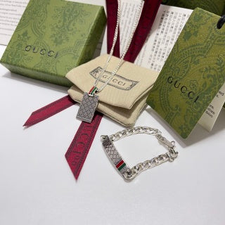 Gucci GG Web Stripe Plaque Silver Chain Necklace
