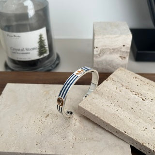 Gucci GG Enamel Stripe Open Cuff Silver Bracelet