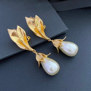 YSL Golden Leaf Pearl Drop Earrings