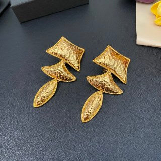YSL Textured Gold Sculptural Drop Clip-On Earrings