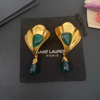YSL Emerald Petal Gold Frame Clip-On Earrings