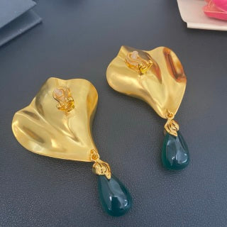 YSL Emerald Petal Gold Frame Clip-On Earrings