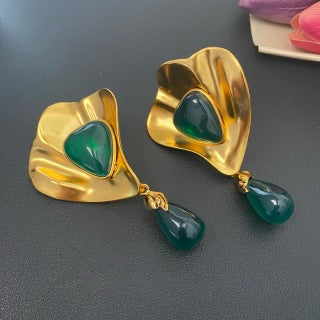YSL Emerald Petal Gold Frame Clip-On Earrings