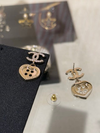 Chanel Gold-Tone Full-Pave Double-C Heart & Letter Button Earrings