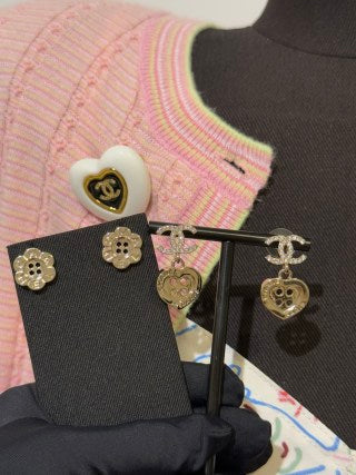 Chanel Gold-Tone Full-Pave Double-C Heart & Letter Button Earrings