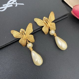 YSL Golden Butterfly Pearl Drop Clip-On Earrings