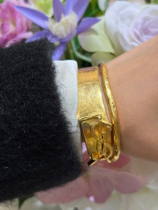 YSL Wide Gold Monogram Panel Cuff Bracelet