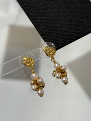 Chanel Lava-style Button and Small Pearl Earrings