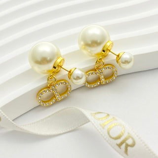 Dior Pearl CD Crystal Double Drop Stud Earrings