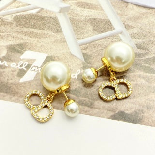 Dior Pearl CD Crystal Double Drop Stud Earrings