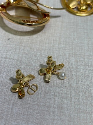 Dior Butterfly Pearl Crystal CD Stud Earrings