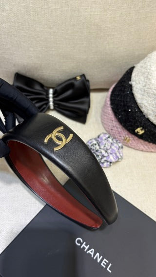 Chanel Black Leather Gold Accent Headband – Elegant Luxury Fashion Accessory