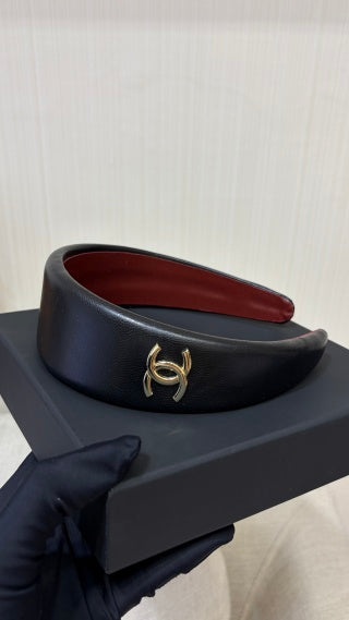 Chanel Black Leather Gold Accent Headband – Elegant Luxury Fashion Accessory