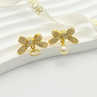 Dior Crystal Butterfly Pearl Drop Stud Earrings