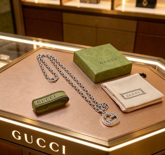 Gucci Interlocking G Crystal Medallion Link Chain Necklace