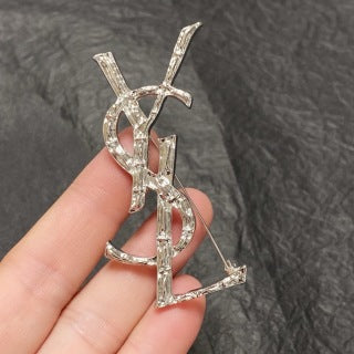 YSL Crystal Monogram Silver Brooch
