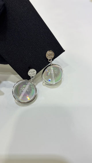 Chanel Silver Double-C Button Transparent Acrylic Sphere Earrings