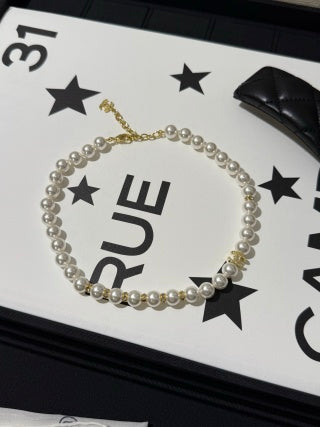 Chanel Light Gold Short Necklace with White Pearls and Full Pavé Crystals