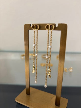Dior Pearl Ribbon Chain Drop Stud Earrings