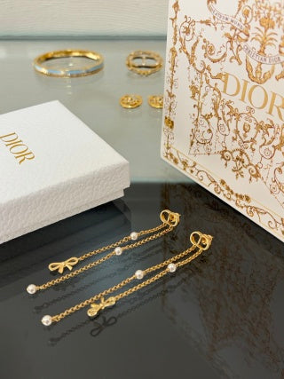 Dior Pearl Ribbon Chain Drop Stud Earrings