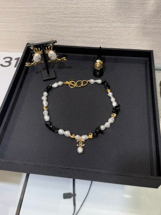 Chanel Black Enamel Double-C and Baroque Pearl Short Necklace