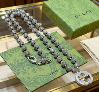 Gucci Interlocking G Beaded Medallion Long Chain Necklace