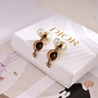 Dior Pearl Obsidian Medallion Drop Stud Earrings