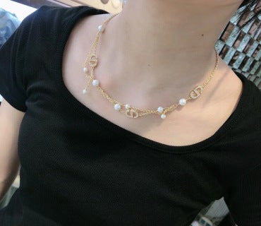 Dior Pearl CD Charm Layered Necklace