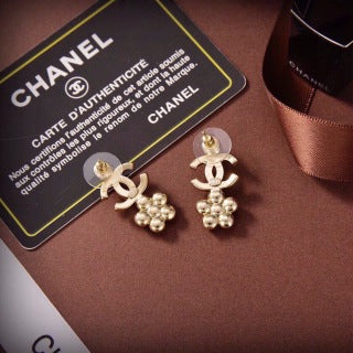 CHANEL Golden Pearl Blossom CC Drop Stud Earrings