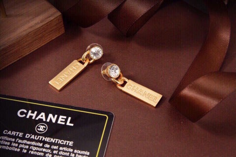 CHANEL Signature Tag Crystal Drop Earrings