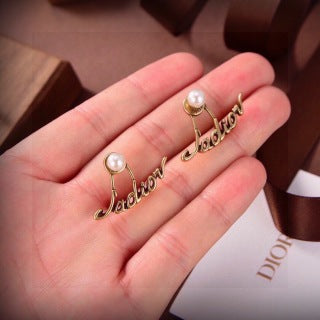 Dior J'Adior Script Gold Stud Earrings