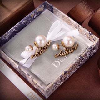 Dior J'Adior Pearl Logo Drop Stud Earrings