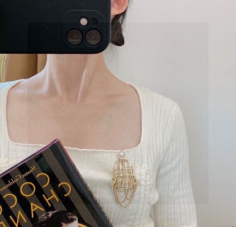 CHANEL Pearl Cage Chain Brooch