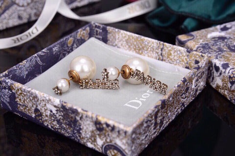 Dior Pearl Crystal Asymmetric Drop Stud Earrings