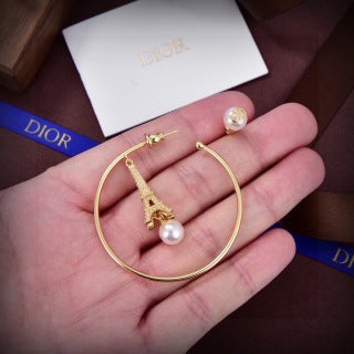 Dior Eiffel Pearl Hoop Drop Stud Earrings