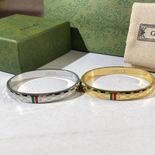 Gucci Web Stripe GG Engraved Crystal Detail Cuff Bracelet