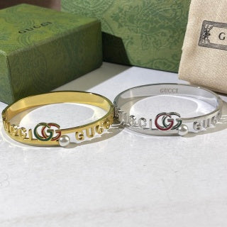 Gucci Interlocking G Pearl Accent Letter Chain Cuff Bracelet