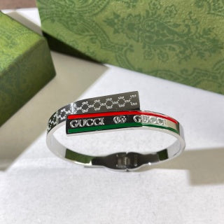 Gucci Web Stripe Logo Engraved Crystal Line Cuff Bracelet