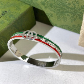 Gucci Interlocking G Web Stripe Enamel Logo Cuff Bracelet