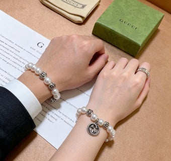 Gucci Pearl Bead Lion Head Medallion Charm Bracelet