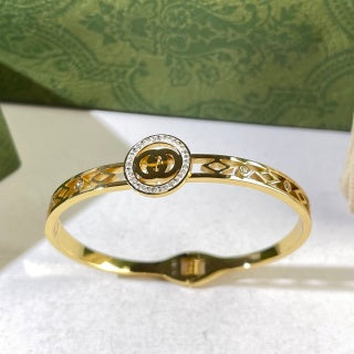 Gucci Interlocking G Round Crystal Medallion Filigree Cuff Bracelet