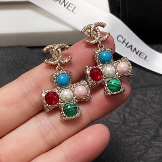 Chanel Jewel-Tone Cross Charm Drop Earrings