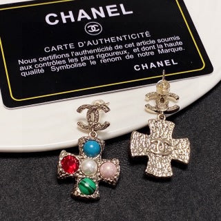 Chanel Jewel-Tone Cross Charm Drop Earrings