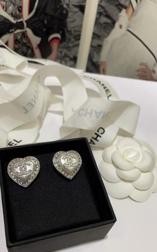 Chanel Crystal Heart Signature Stud Earrings