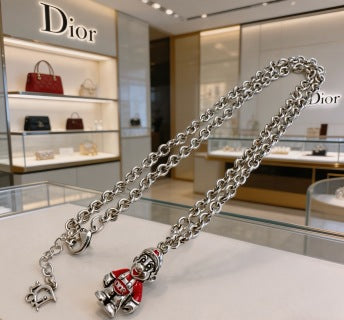 Dior Evelyne Silver Teddy Bear Charm Chain Necklace