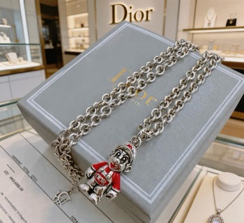 Dior Evelyne Silver Teddy Bear Charm Chain Necklace