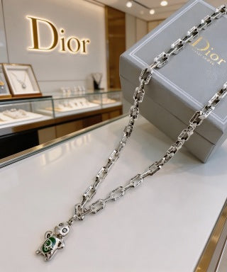 Dior Evelyne Silver CD Link Green Crystal Pendant Necklace