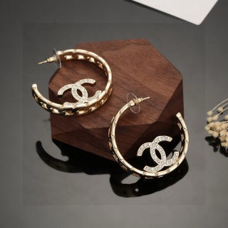 Chanel Elegant Crystal Double C Hoop Earrings